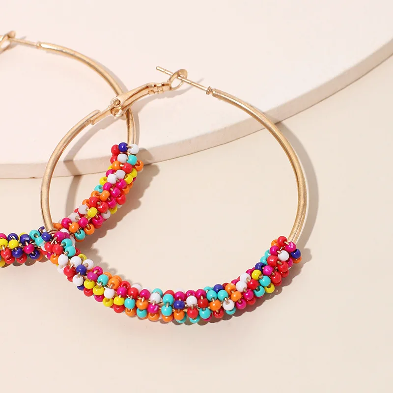 Beaded Hoop Earrings For Women Bohemian Big Circle Seed Bead Colorful Hoop Dangle Earrings Fashion Jewelry Gifts