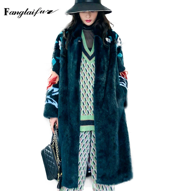 Ftangaiur Winter Import Velvet Mink Fur Coat Turn-Down Collar Print Flower Mink Coat Women Long Natural Real Mink Fur Coats