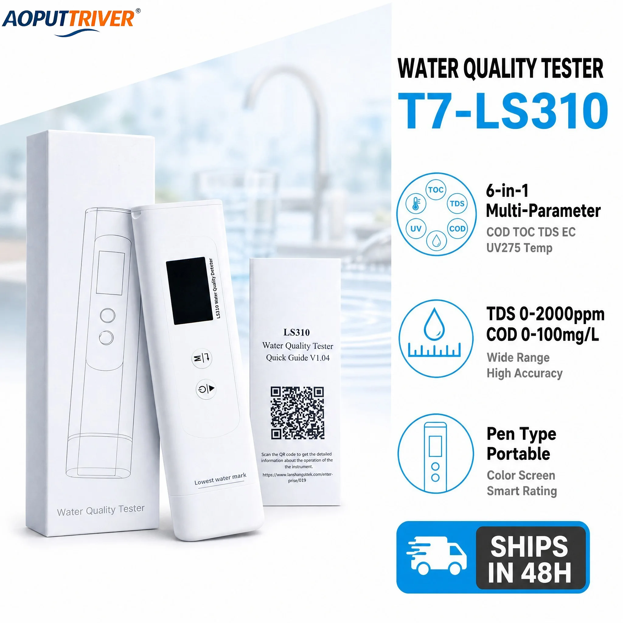 Water Quality Tester COD TOC UV275 TDS EC Temp 6-in-1 Drinking Water Analyzer Pen Type LCD Backlight Drinking Water Monitor