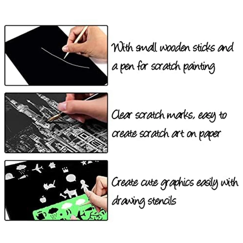 Scratch Paper Art Set, 50 Sheets 8X11in Black Coated Scratchboard Large Scratch Paper With Wooden Styluses And Stencils Durable