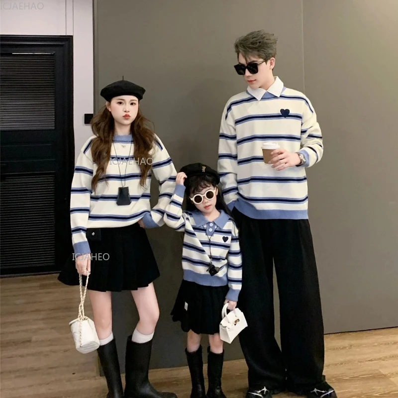 Family Matching Sweater Mom & Baby Heart Embroidery Knitwear Outfit Children Pullover for Mother Toddler Autumn Winter Costume