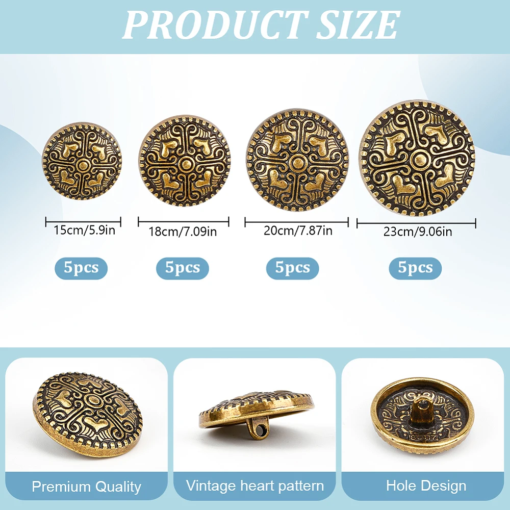 20pcs Vintage Metal Shank Buttons for Crafts 4 Size Sewing Button Flat Round Buttons for Clothing Buttons Set for Blazer DIY