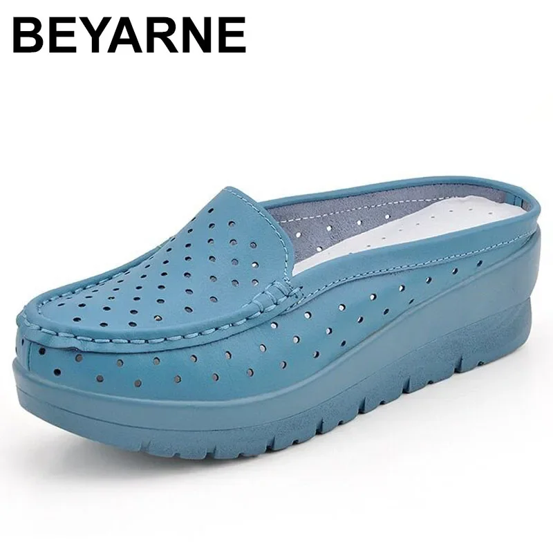 BEYARNE Summer Cow Leather Casual Woman Sandals Handmade Soft Wedges Shoes Closed Toe Non-Slip Breathable Sandals