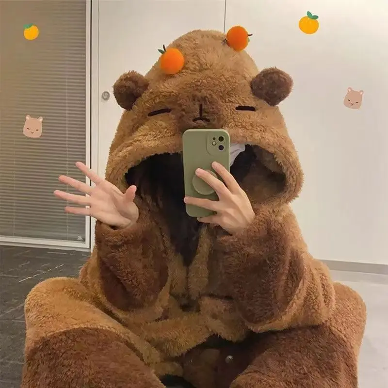 Cute Capybara Winter Pajama Cartoon Animal Soft Plush Jumpsuit For Adults Kawaii Velvet Pajama Night Robe Cosplay Suit Gift