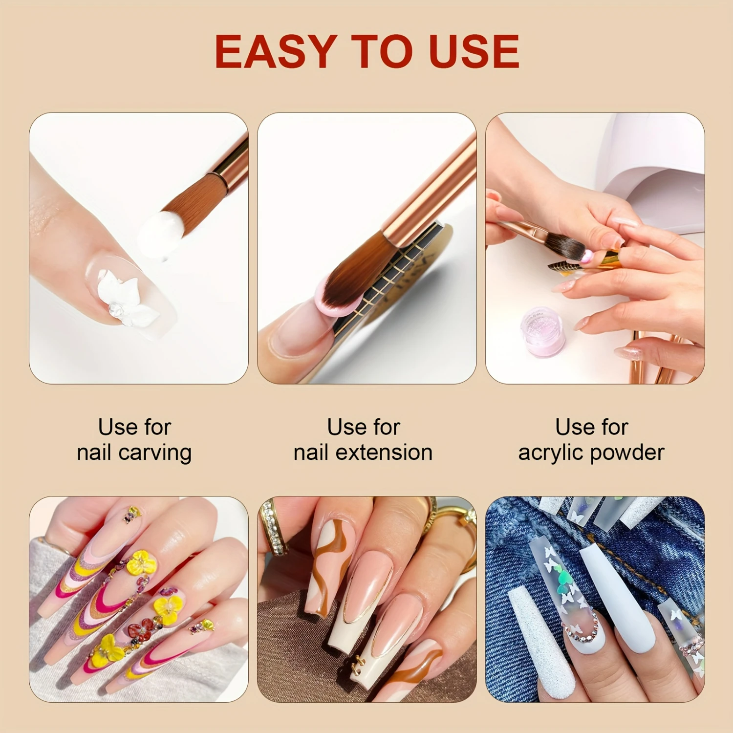 Juego de pinceles para uñas acrílicos con mango de brillo, ergonómicos y de primera calidad, con cerdas profesionales y tubo de cobre para una precisión y impresionante N