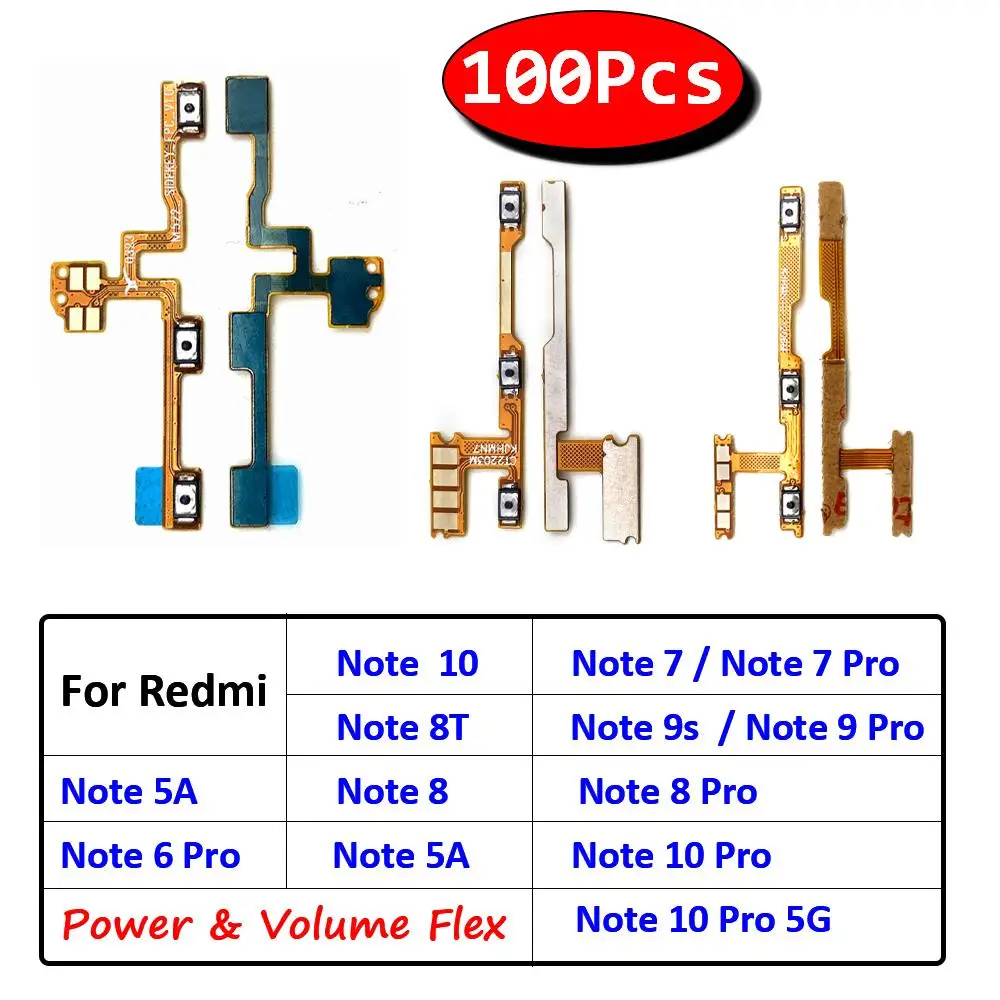 

100Pcs，Original For Xiaomi Redmi Note 10 Pro 5G 9 9S 8 7 6 Pro 5A Power on/off Volume Key Button Flex Cable Ribbon Replacement