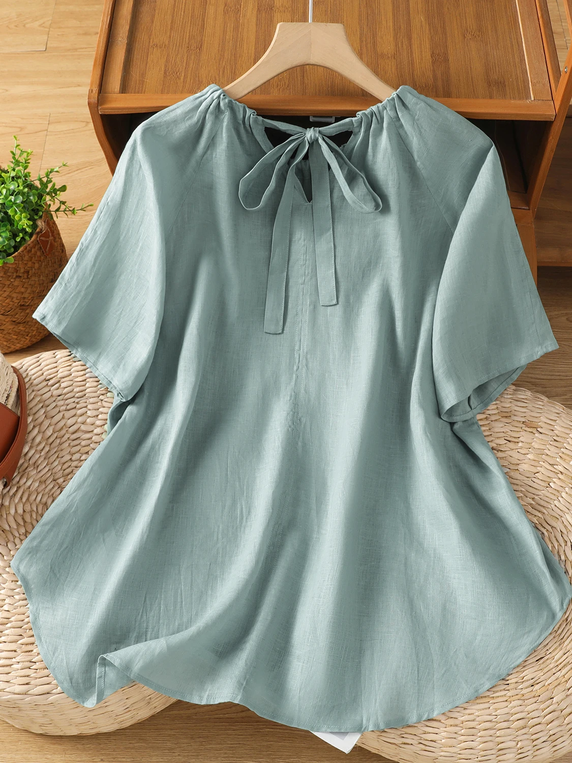 

Faionable een ort Sve Loose Women's irt Summer Belly Covering Top Casual Sle Cotton Linen Fabric round Neline