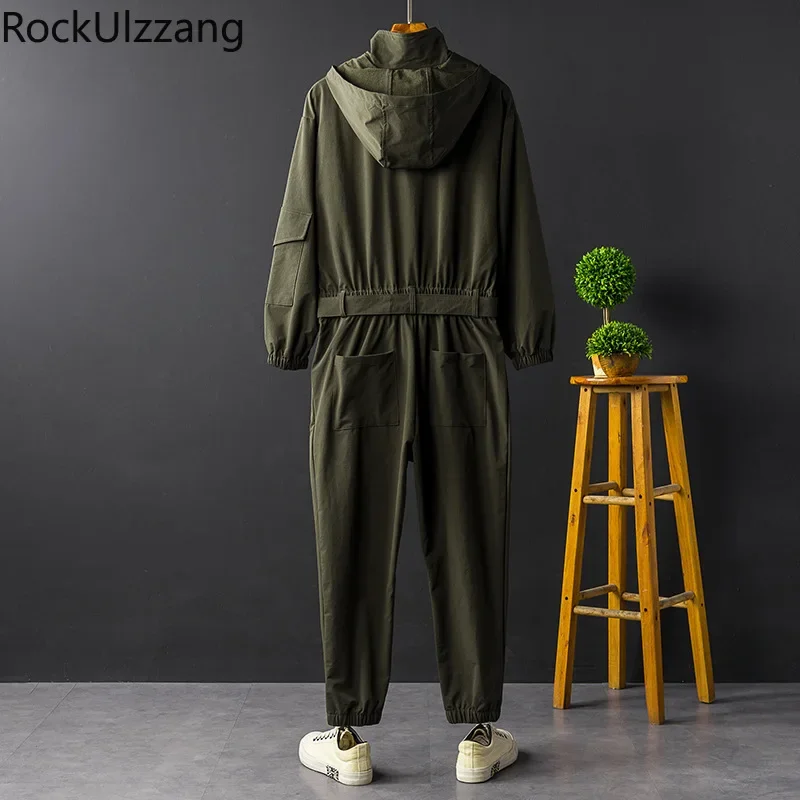 Zip Up Belt Pocket Camo Black Long Sleeve Hooded Top Long Jumpsuit Men Streetwear Japanese Hip Hop Jogger Pant Romper Overalls