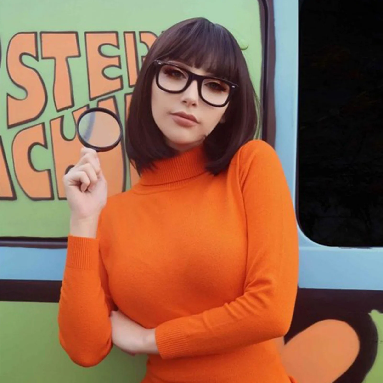 Synthetic Velma Wig Straight Bob Wig with Bangs Costume Brown Heat Resistant Fiber for Cospaly Wig for Daily Party Halloween Use