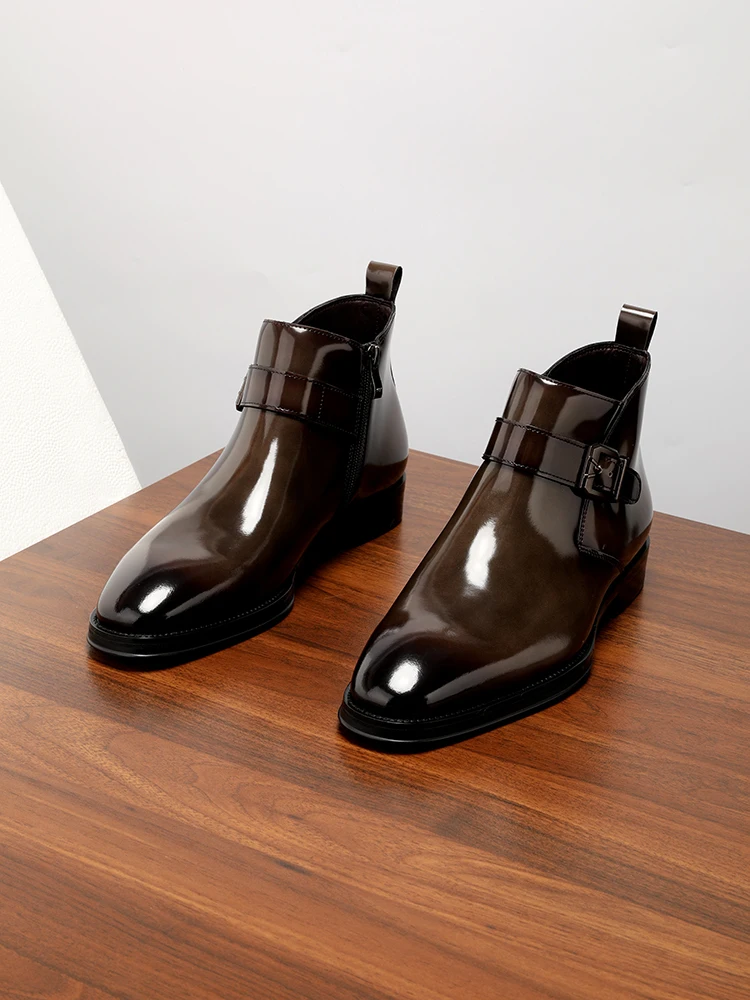 New Business Formal Chelsea Boots, First-layer Cowhide High-top Pointed Glossy Short Boots Fashionable Men's Shoes view 4