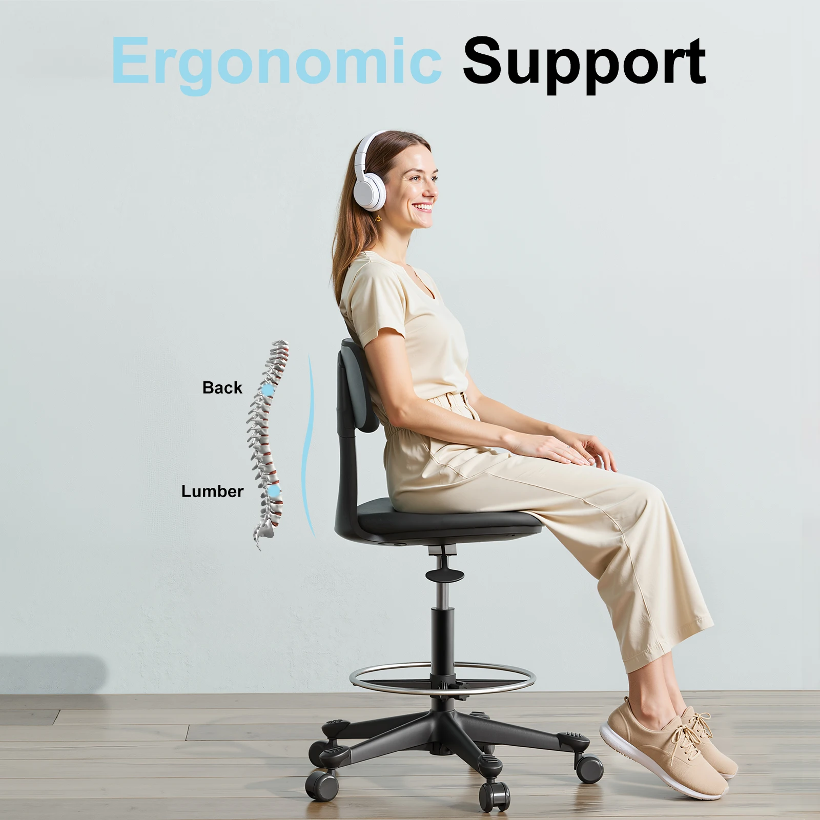 Drafting Stool with Back Support Height Adjustable Standing Desk Stool with Back & Foot Rest for Studio, Lab, Office or Home