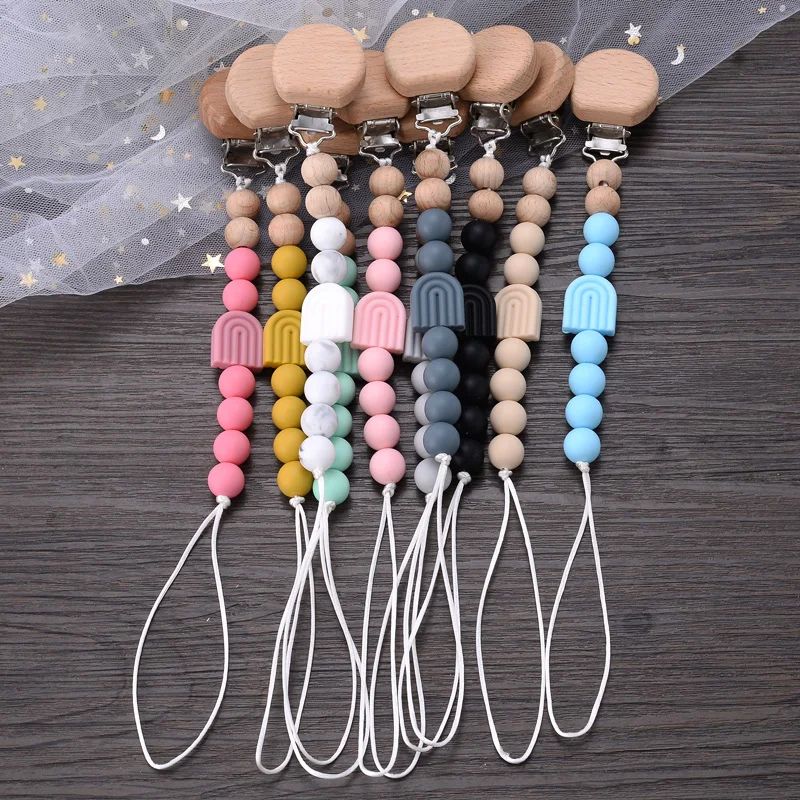 Baby Beech Pacifier Clip Baby Anti-drop Pacifier Chain Silicone Rainbow Beads Teething Chain Toy Gifts Dummy Holder Nipple Clip