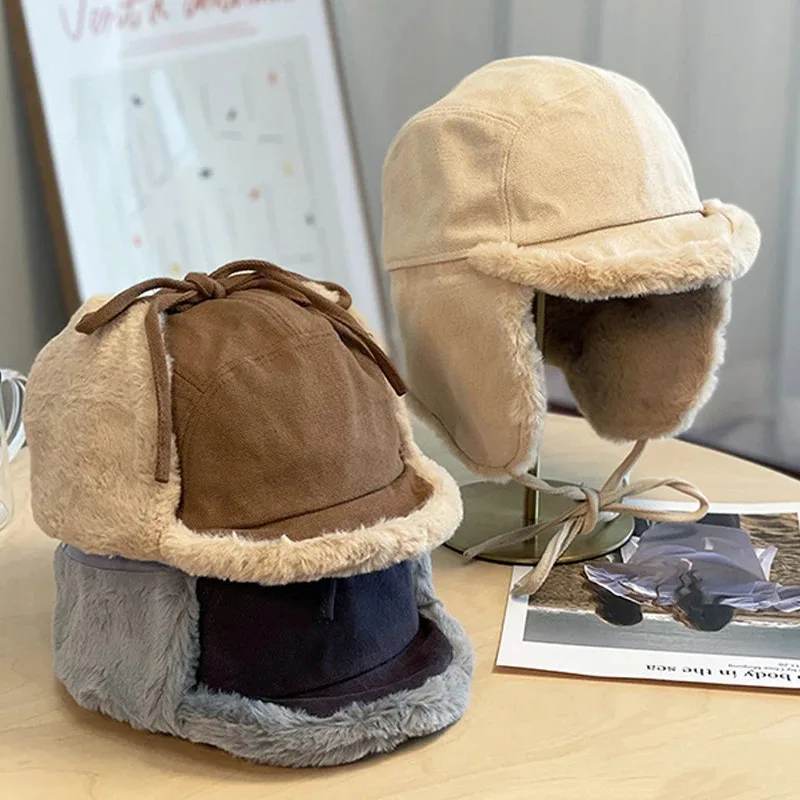 

Women Men Winter Hat Earflaps Faux Fur Imitation Lamb Wool Thick Bomber Hats Men'S Baseball Cap Russian Hat