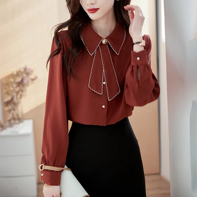 Elegant Long Sleeve Women's Blouse Fashion Slim Shirts Spliced Bright Line Decoration Women Tops Ribbon Button Up Women Shirt