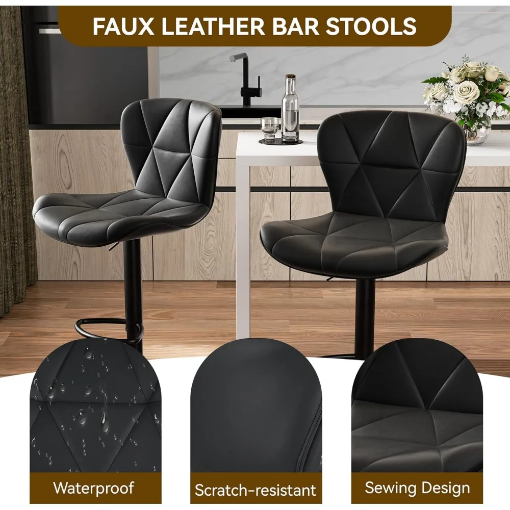 Modern Bar Stools Set of 2, Adjustable Faux Leather Upholstered Swivel Bar Stools, Counter Height Bar Chairs with Back for