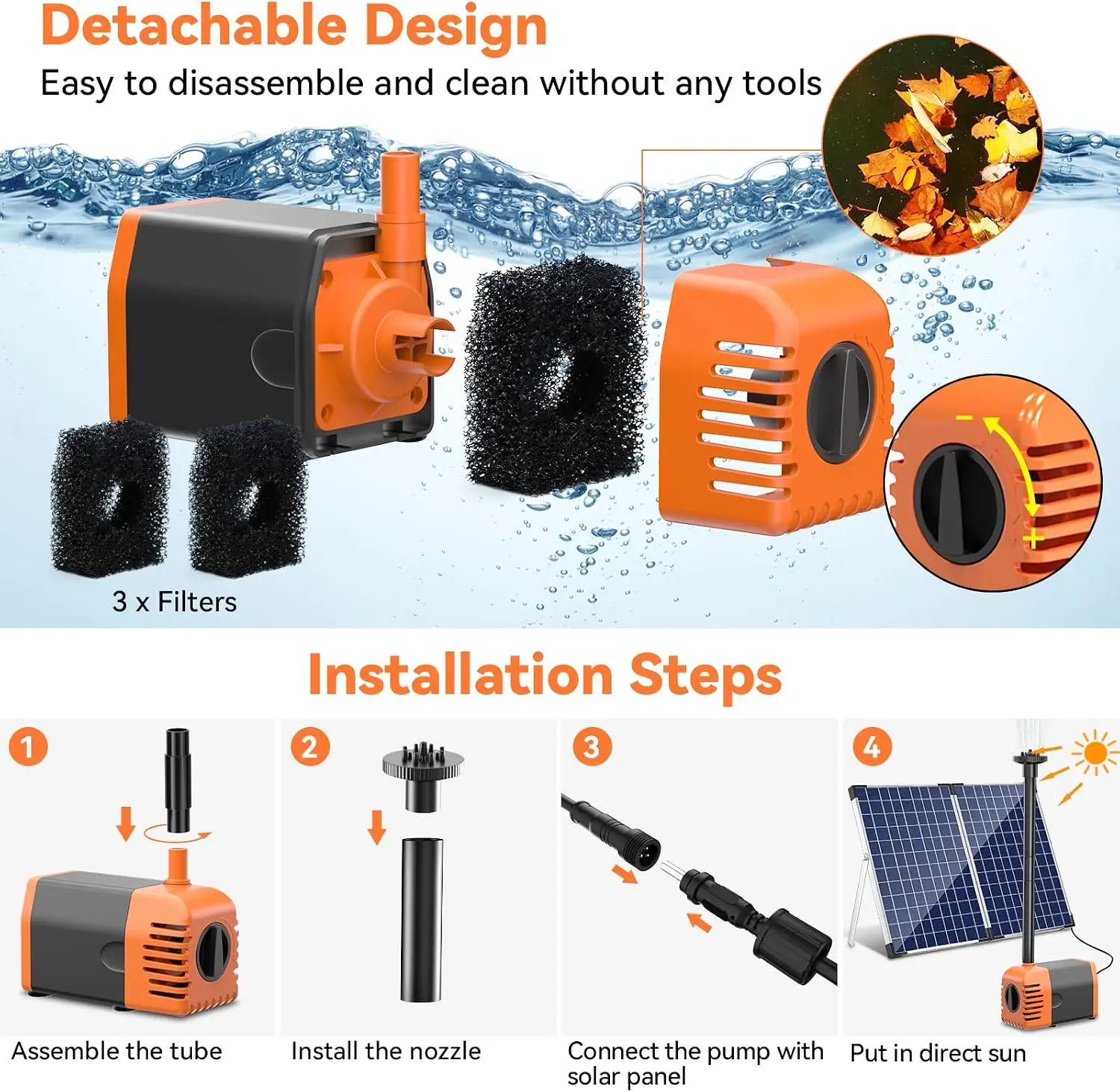 Solar Fountain Pump 35 Watt, 480GPH Solar Water Pond Pump with PVC Tubing 4 Spray Heads 16.5ft Cable Length for Garden Pond