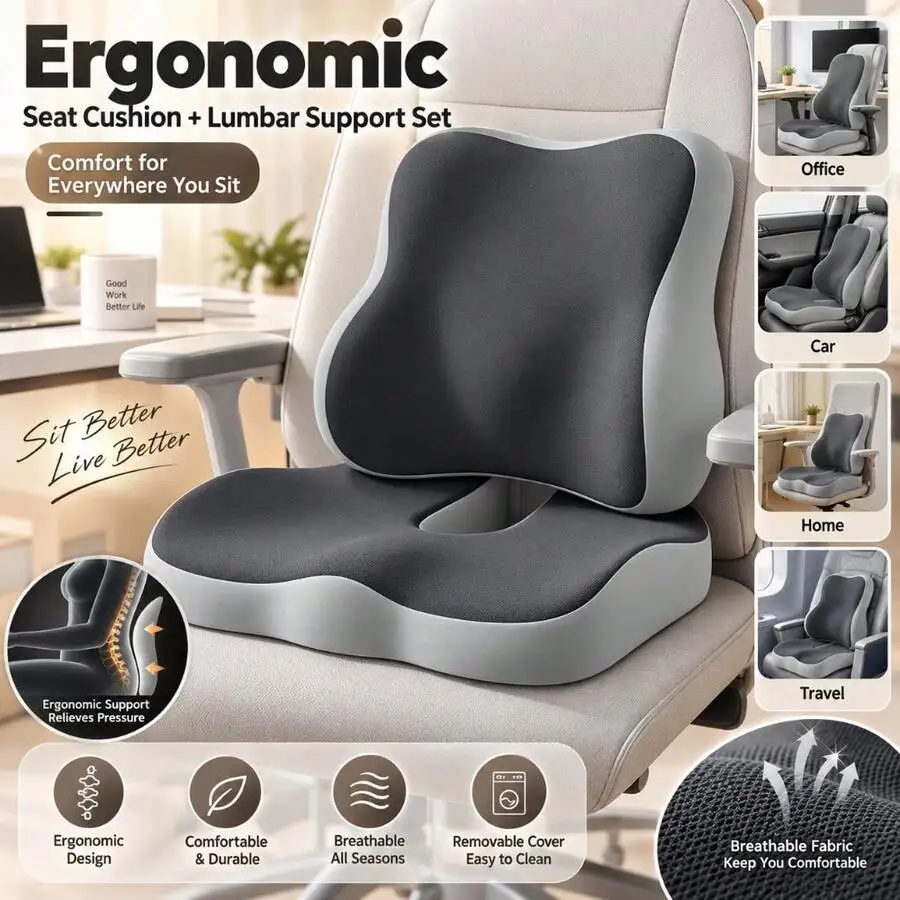 Ergonomic Seat Cushion + Lumbar Support Set - Designed To Fit The Human Body's Curves, Suitable For All Seasons | Ideal For Home