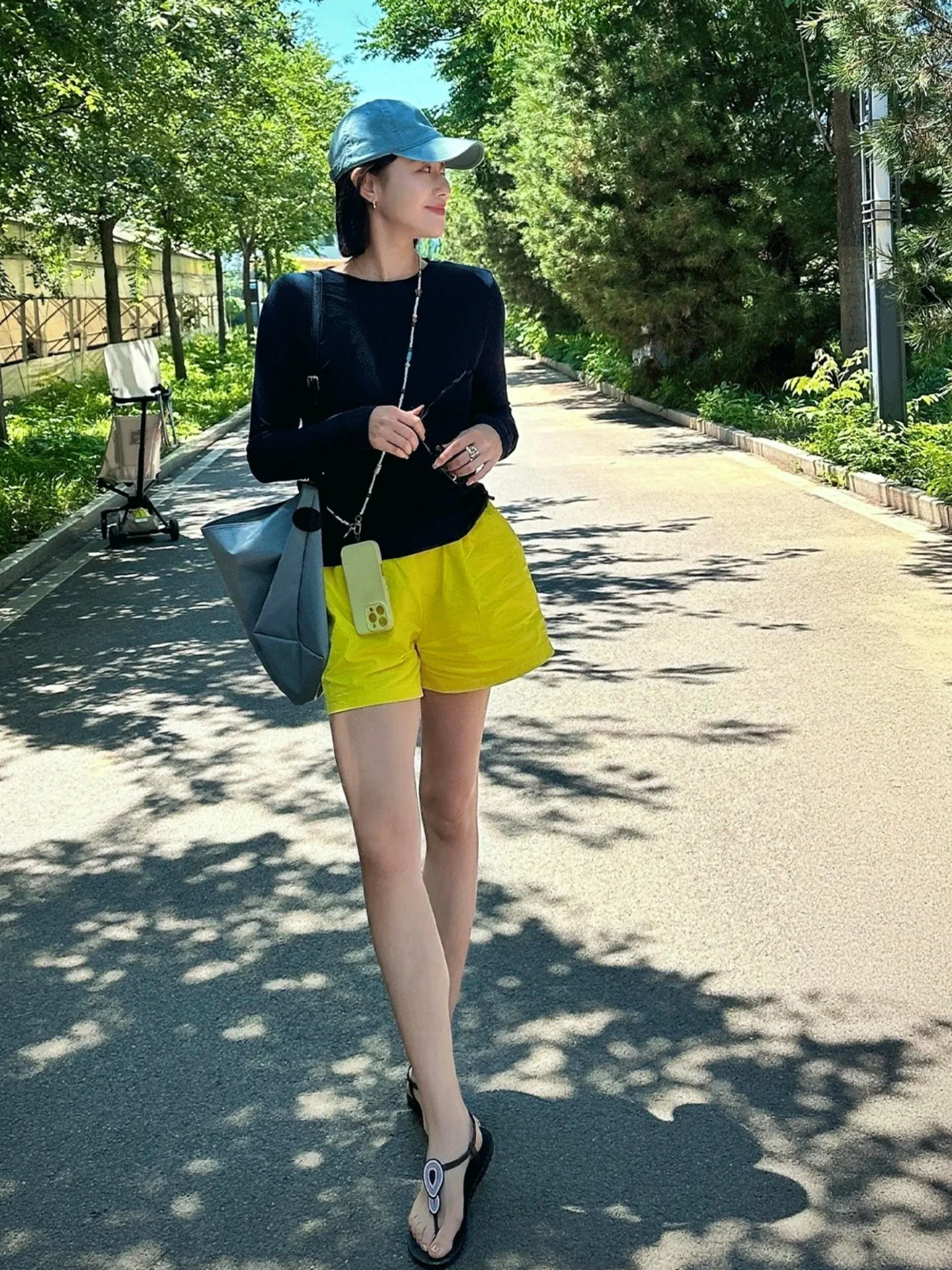 Summer Casual Sporty Long Sleeve Thin T-Shirt High Waist Drawstring Yellow Shorts Set Fashionable Two-Piece Women's Outfit