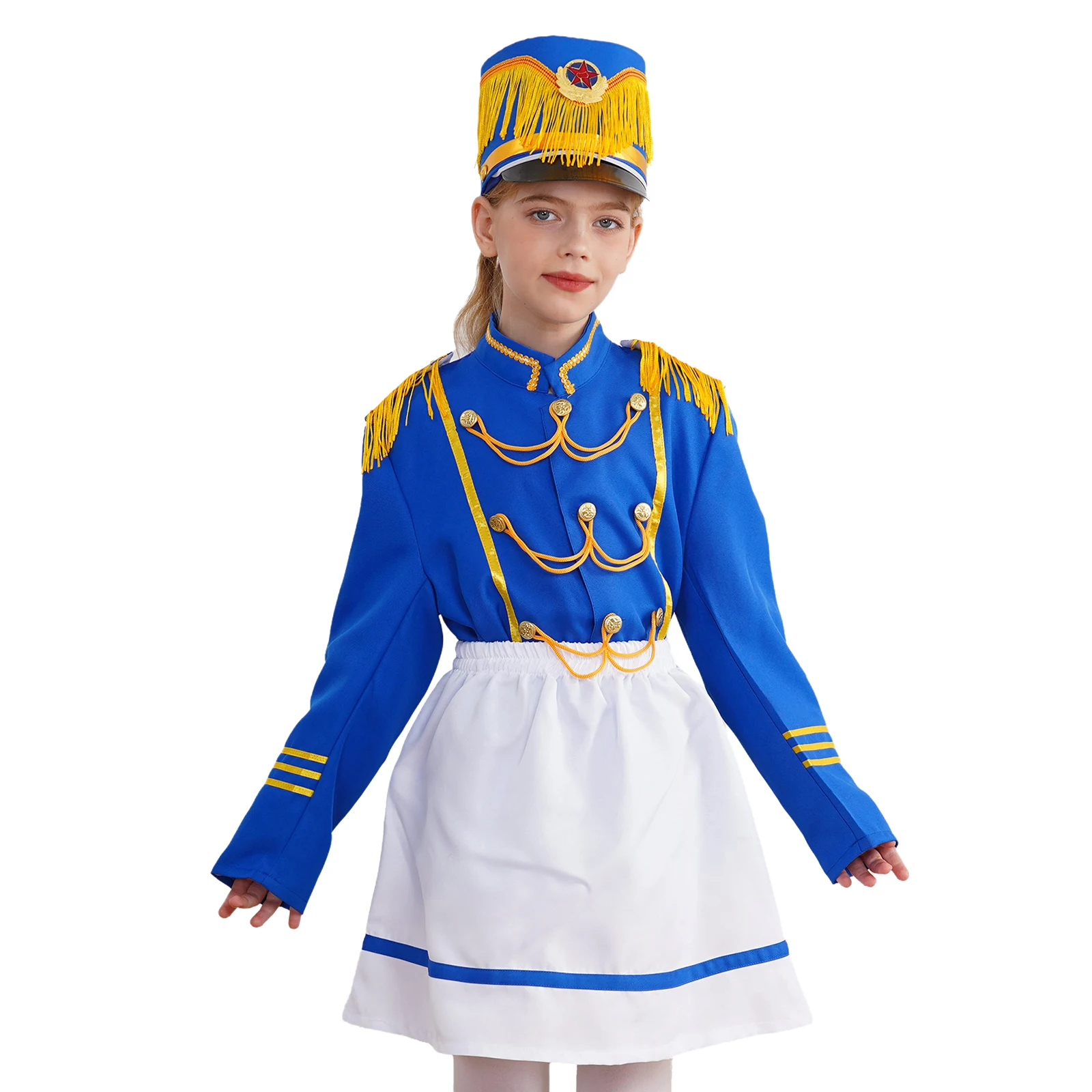 # 140-170 Girls Drum Trumpet Team Honor Guard Costume Major Top with Skirt and Cap Set Kids Uniform Cosplay Performance Outfits