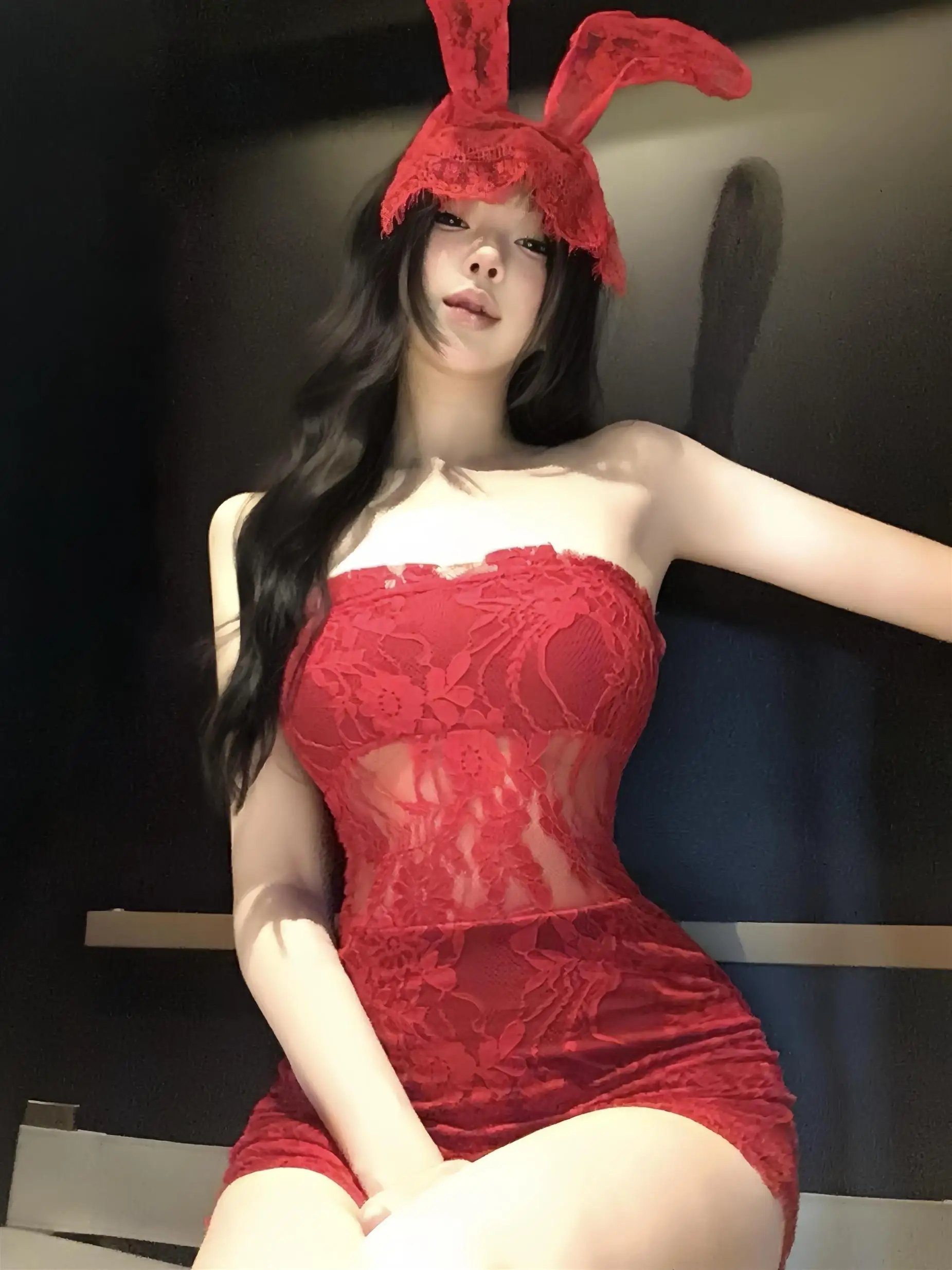 Vestido Bustier Rojo de Encaje con un Hombro Descubierto, Disfraz de loween, Falda Ajustada a la Cintura, Tela Suave, Elas...