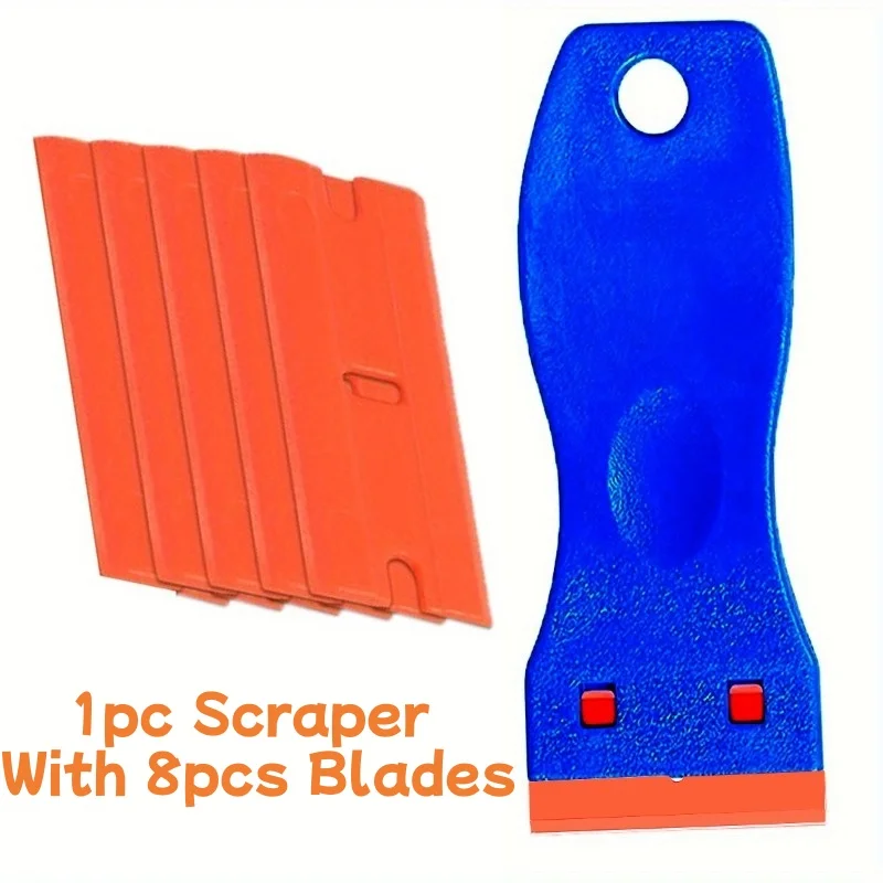 Plastic Razor Scraper Tool with 8 Replacement Blades, Mini Cleaning Scraper for Removing Stickers, Labels, Paint & Glue Residue