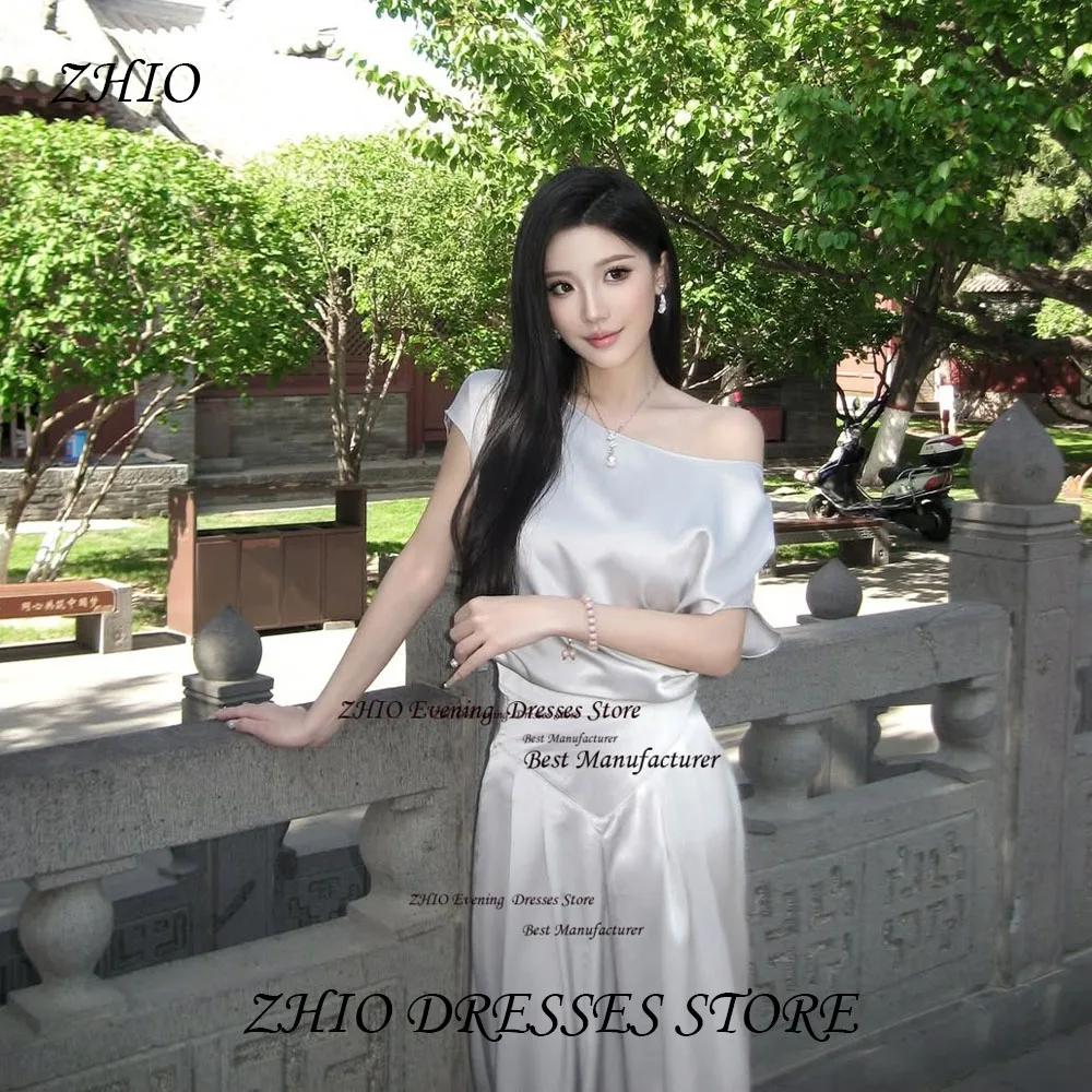 

ZHIO Silver Satin Modern Evening Gown Pleats A Line Party Dress with Bow Boat Neck Off-Shoulder Prom Gown for Women Customized