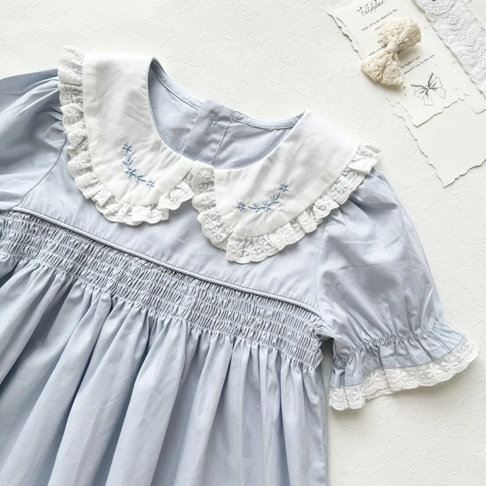 

summer dresses Retro floral large lapel Embroidered blue dress summer girls Sweet French countryside style dress
