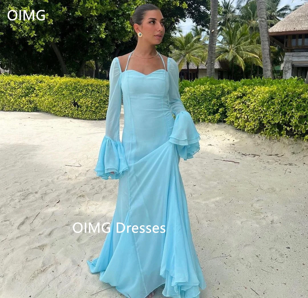 

OIMG Fashion Saudi Sweetheart Elegant Simple Prom Dresses Long Bell Sleeves Long Sky Blue Evening Gowns Formal Party Dress