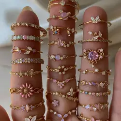 New ins Cute Colorful Zircon Flower Ring For Women Girl Fashion Vintage Zircon Adjustable Rings Jewelry Gift
