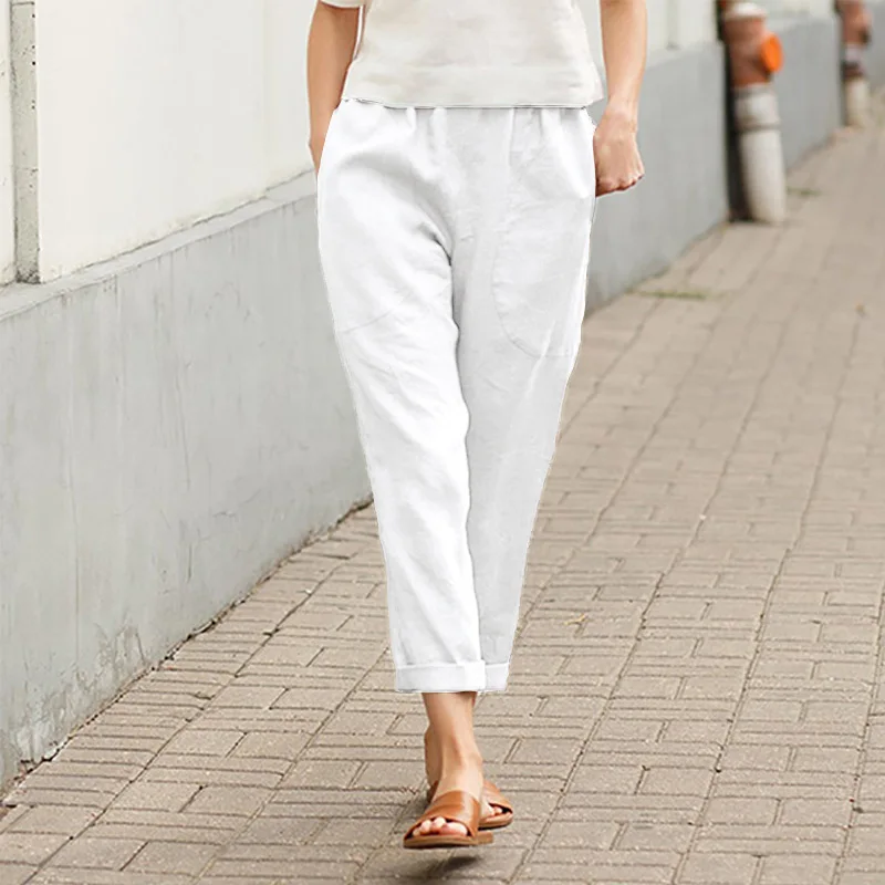 Damenhose aus Baumwolle und Leinen, einfarbig, atmungsaktiv, leicht, elastische Taille, modisch, schlichter Stil, lässige Hose mit geradem Bein – Detail 6
