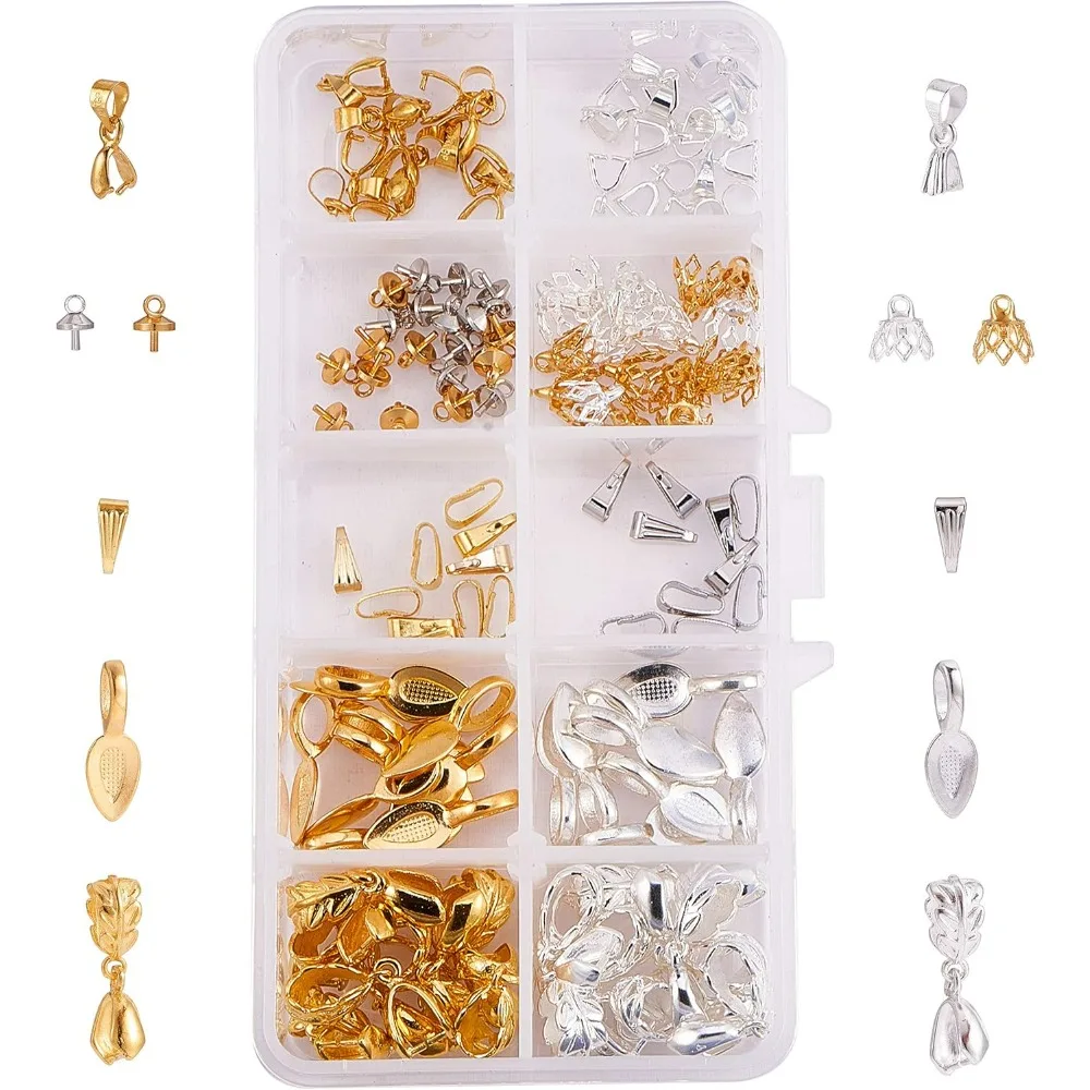 

120pcs 6 Style Pendant Bails Glue on Bails DIY Clip Pinch Bails Necklace Pendant Connector Findings for Pearls