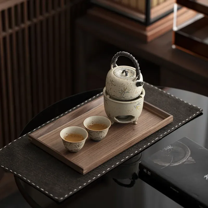 Hand Painted Ceramic Teapot Set with Bamboo Lifting Beam and Floating Stove Warmer for Household Tea Ceremony Raw Ore Clay