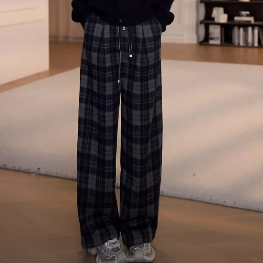 

Yanyan Winter Thiened Dstring Plaid Casual Pants Women's Small Size Straight Leg Long Trousers YY5690 Cotton Elastic