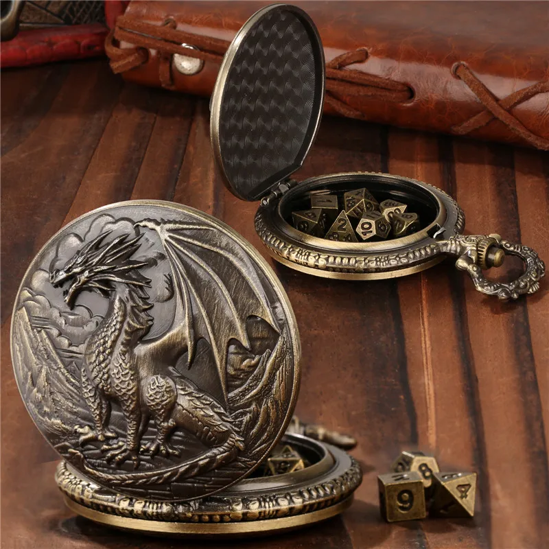 

Engraved Dragon Pocket Watch Case Pendant Chain 7pcs Tiny Metal Polyhedral Dice Set Role Playing Board Games Accessories