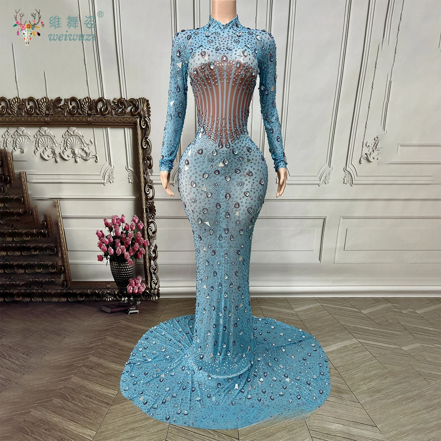 

High Quality Luxurious Rhinestone Sequin Sexy Elastic Mesh Slim Fit Dress High Neck Long Sleeve Nightclub Performance Costumes