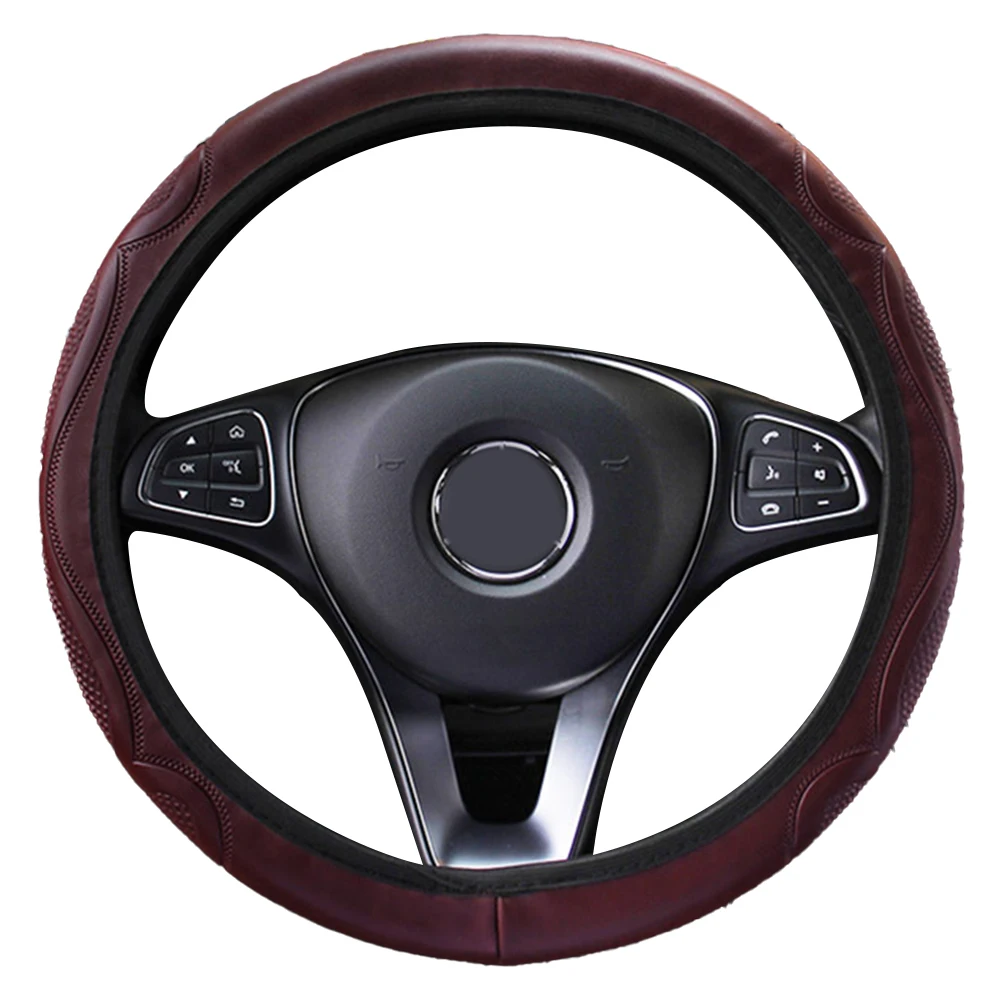 Embossed Leather Car Steering Wheel Cover Elastic Fit for 37 38CM Diameter Anti Slip Four Season and Easy to Clean