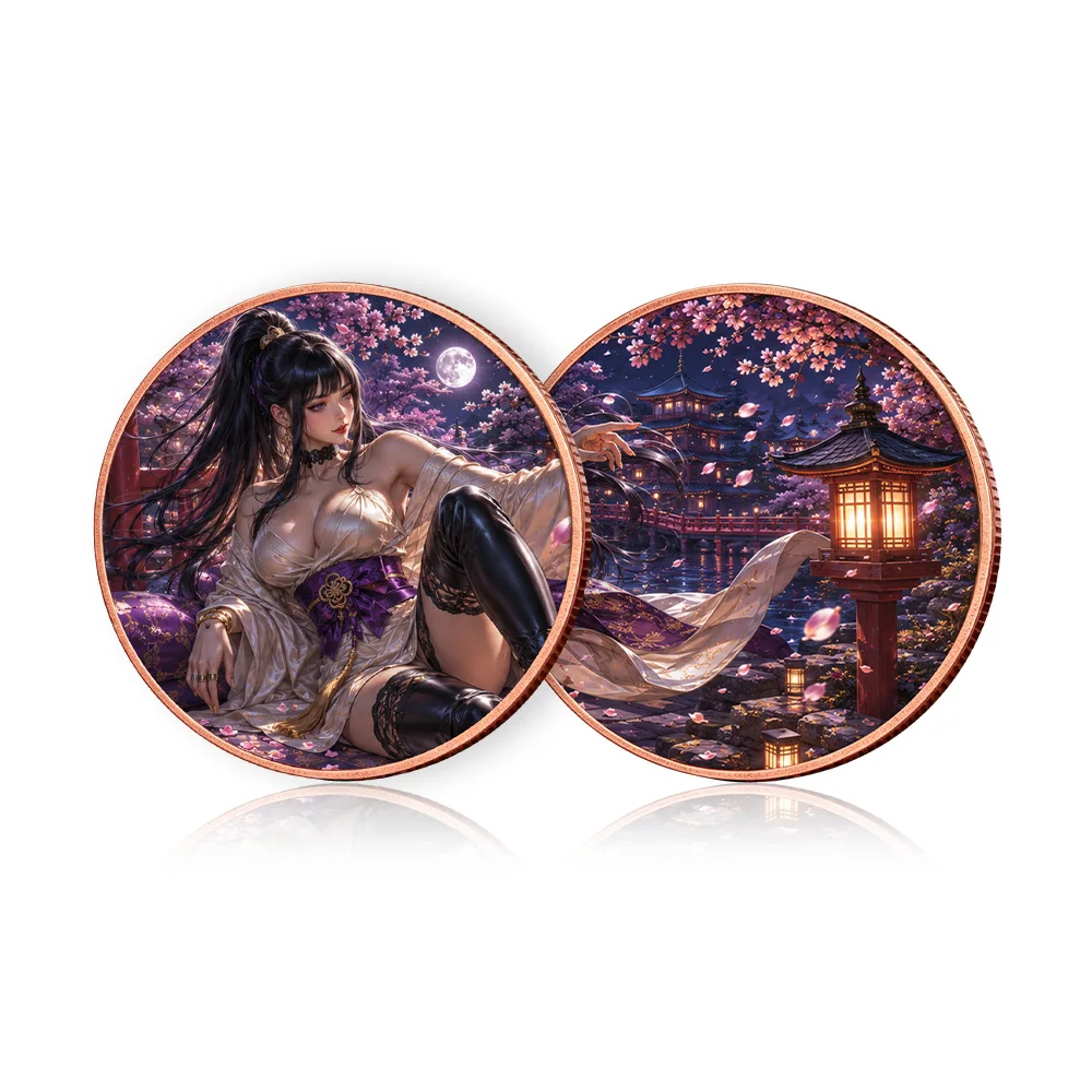 Oriental Anime Geisha Lady Pure Copper Coin 1 Troy Ounce Cherry Blossom Moon Pagoda Temple Art Challenge Coin for Collectors