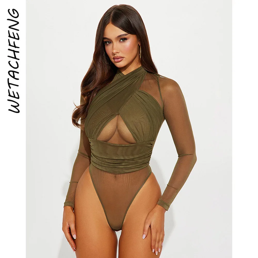 

Women Black T Shirts Bodysuit Mesh Sheer Halter Neck Long Sleeve Shorts Jumpsuit Sexy One Piece Romper Fall Fashion Tops Clothes