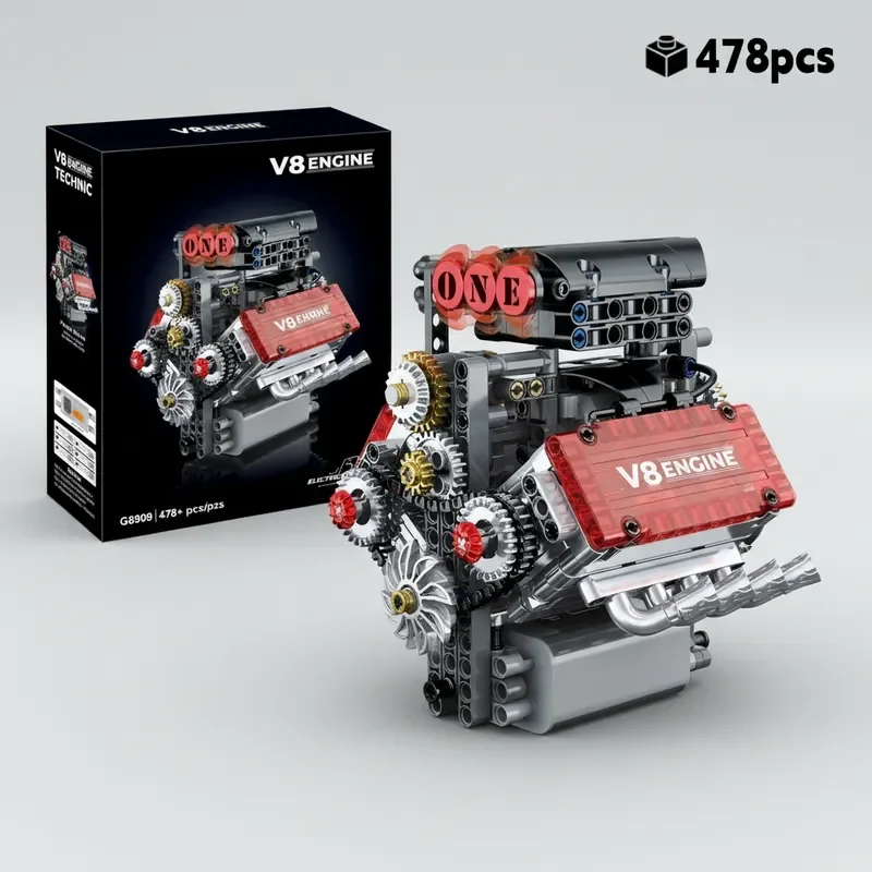 3D Creative V8 Engine 478pcs Technical Building Blocks, Gear Transmission Highly Detailed DIY STEM Science Educational Gift