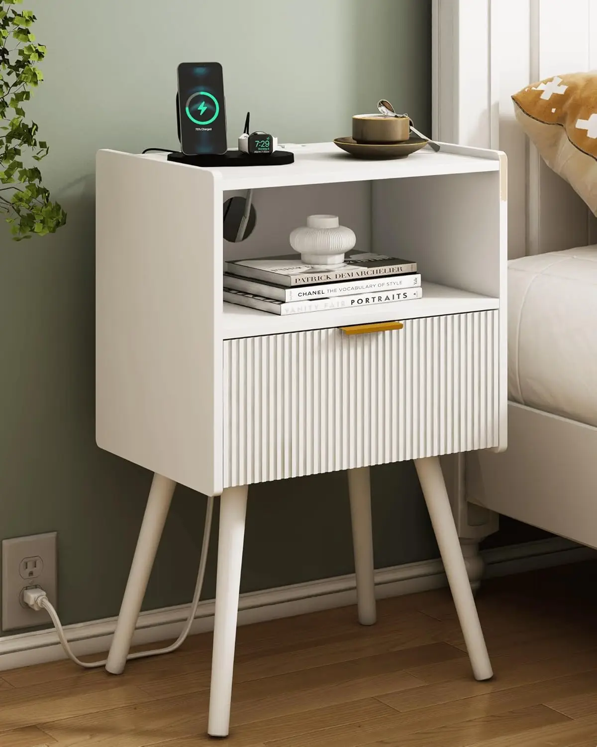 

White Nightstand with Outlet,Storage Drawer & Open Shelf,Bedroom Living Room Small Spaces,Solid Wood Legs,Customized