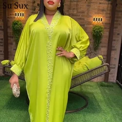 African Dresses Women 2023 Abaya Bazin RicWhe Robe Femme Musulmane Africa Clothing Beading Baet Sleeve Maxi Dress Party Weding
