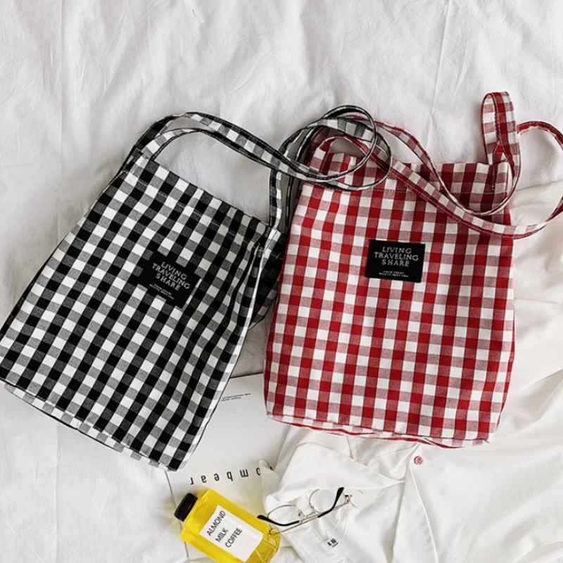 Fashion Durable Women Student Cotton Linen Single Shoulder Bag Shopping Tote Check Plaid Female Flax Canvas Shopping Bags 2024