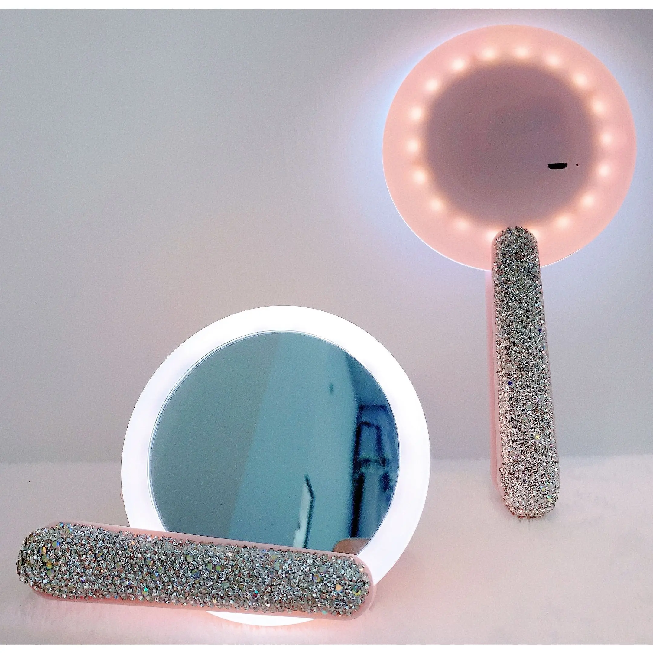 Diamond Handle Makeup Mirror Handheld LED with Light Small Mirror Princess Rotatable Portable Charging