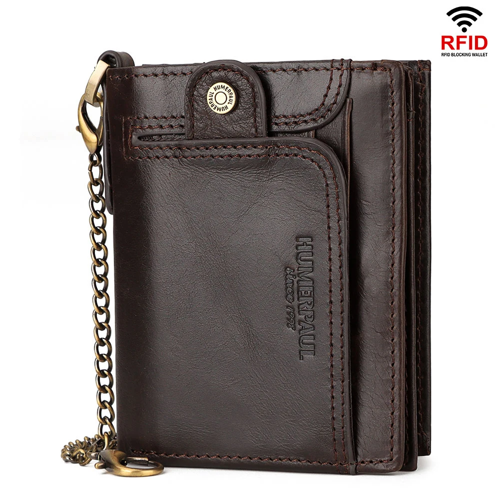 

Genuine Leather Wallet Men Rfid Protect Short Coin Purse Credit Card Holder Male Money Bag Double Zipper Coin Pocket with Chain