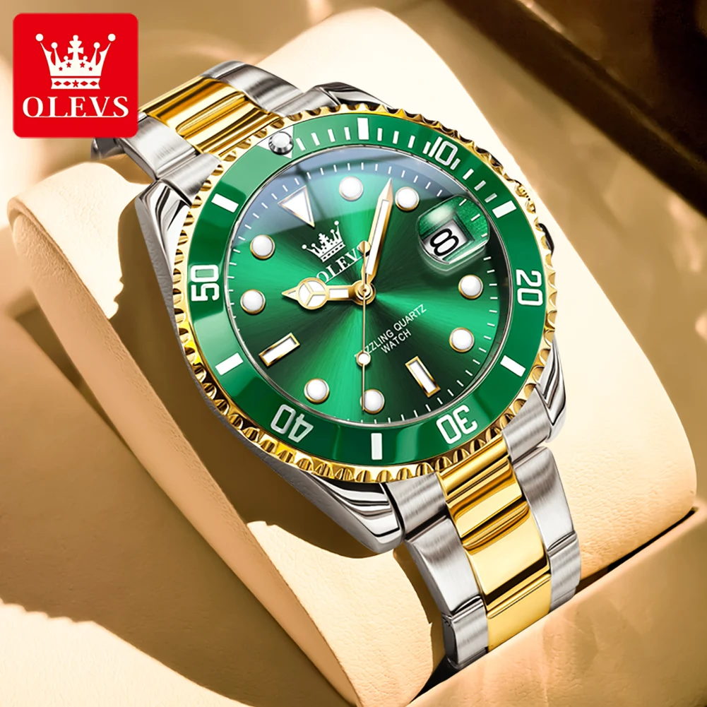 OLEVS Men's Watches Classic Fashion Fine Steel Original Quartz Wristwatch for Man Waterproof Diving Timing Bezel Luminous Date