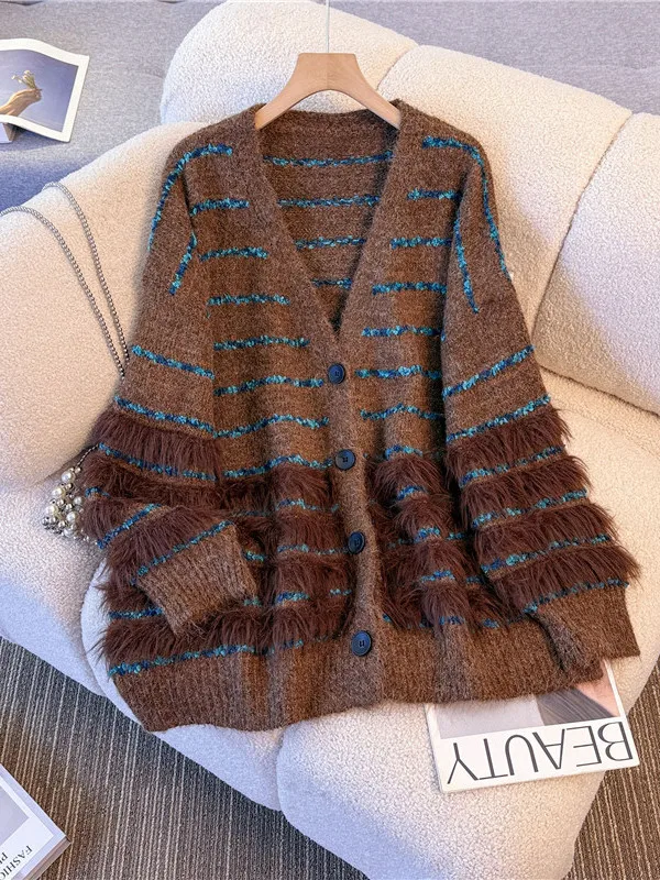 Lu Dzianinowy Sweter-Płaszcz w Paski, Miękki, Wygodny, Dekolt w Serek, Średniej Długości, Zapinany na Jeden Guzik, Jesień-Zima, Nowość, Damski...