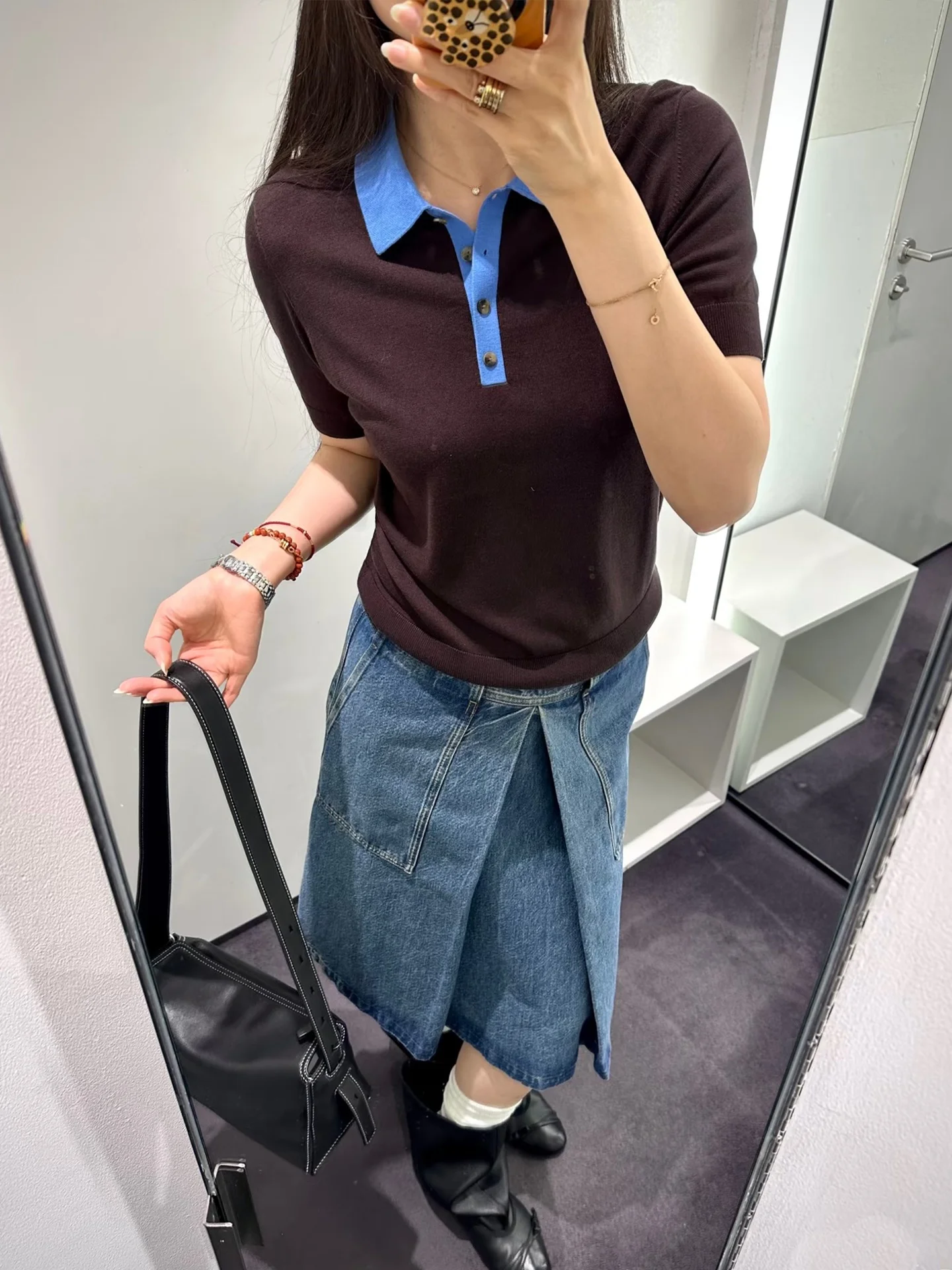 

Color Block Knitted Short Sleeve Neck T-Shirt Women Loose Casual Style Cotton Top Summer Bottoming Shirt Layering Top