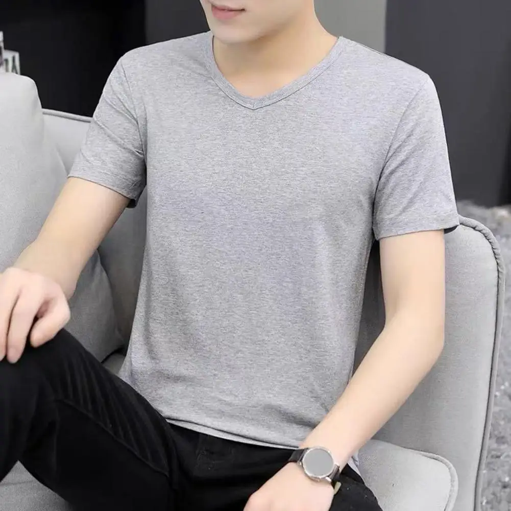 Summer Men T-shirt V Neck Ice Silk Solid Color Casual Style Short Sleeve Slim Fit Pullover Youthful Teenager Sport Top