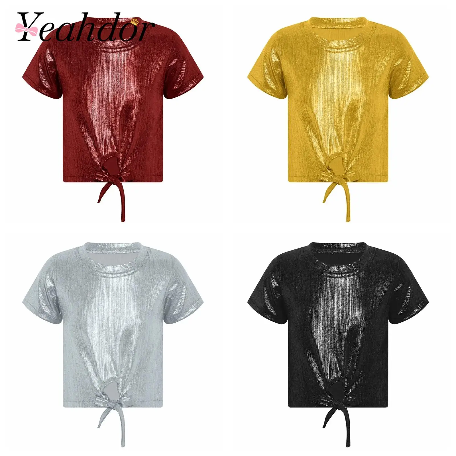

Kids Girls Short Sleeve T-shirts Metallic Ribbed Crop Top Lace-up T-shirt Hip-Hop Tops Jazz Dance Stage Performance Costume
