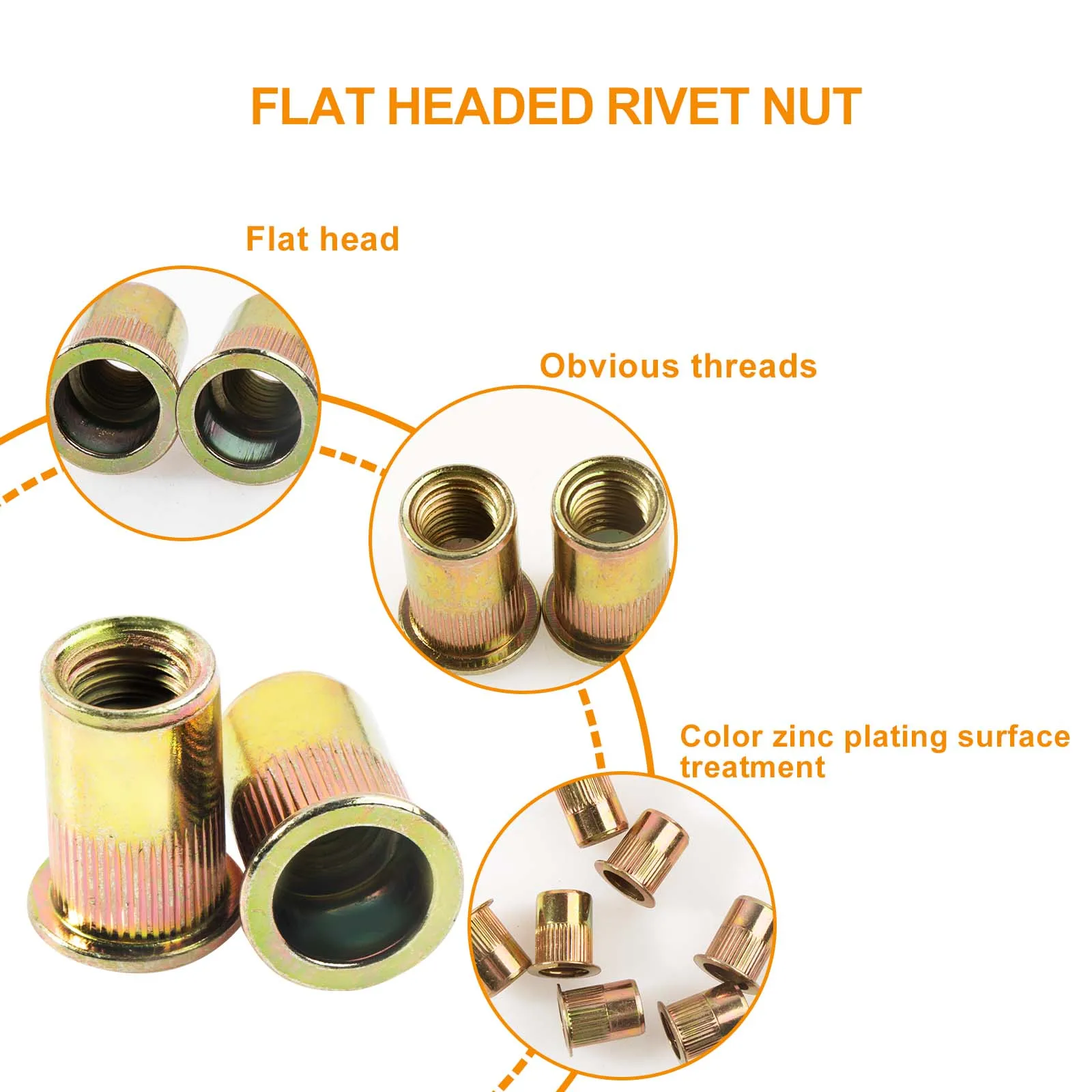5-40Pcs Rivet Nut 8#-32,10#-24,1/4"-20,5/16"-18,3/8"-16,1/2"-13 Carbon Steel Flat Head Rivnut Threaded Insert Nut,Knurled Body view 2